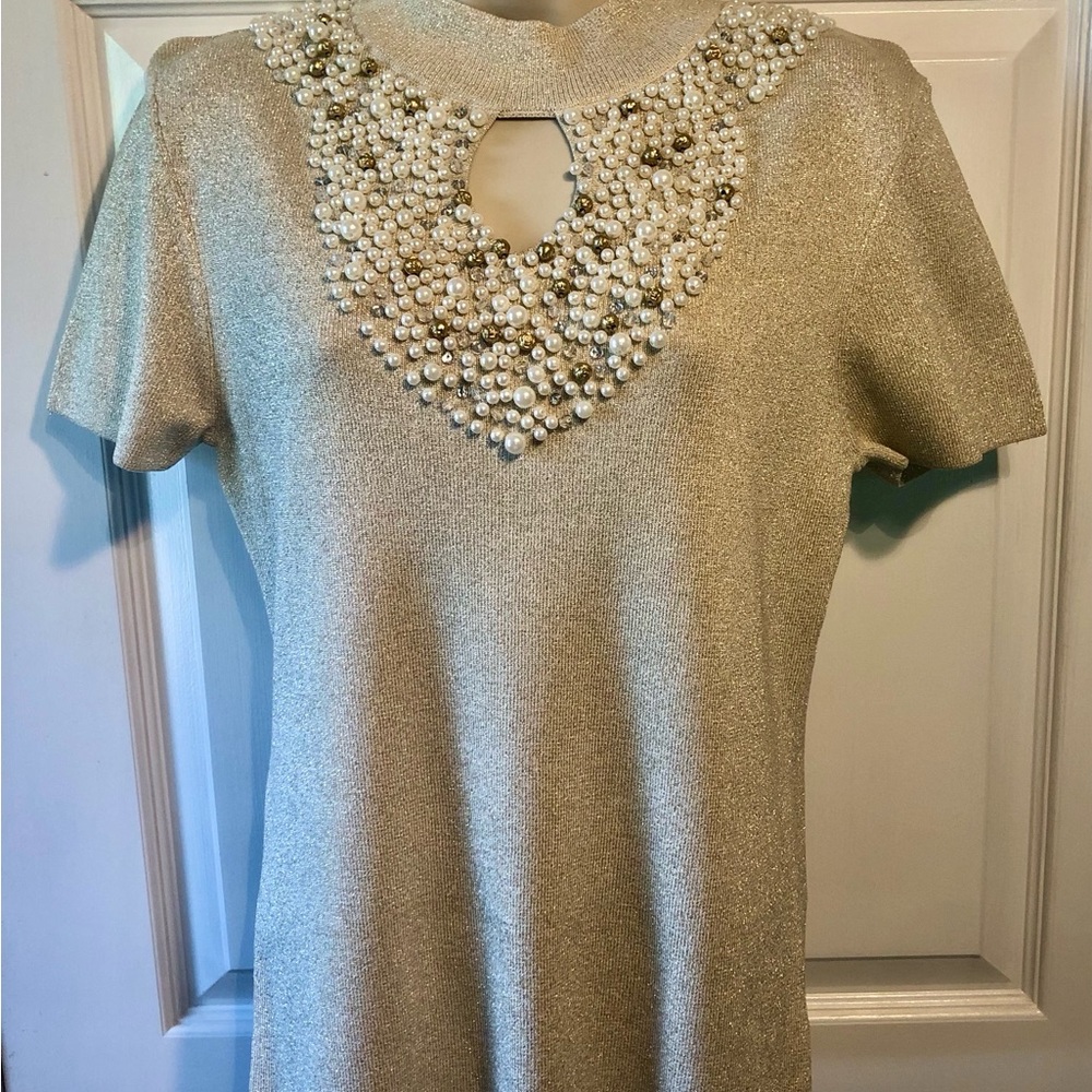 Adrienne Vittadini Metallic Gold Knit Top with Pearl Embellishment